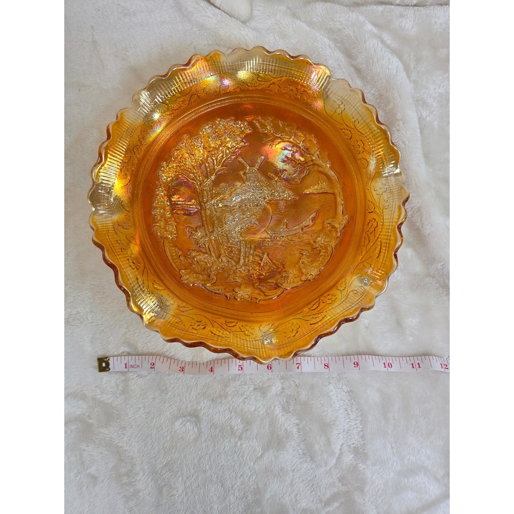 Vintage‎ Fenton Amber Carnival Glass Footed Bowl windmill farmhouse Landscape
